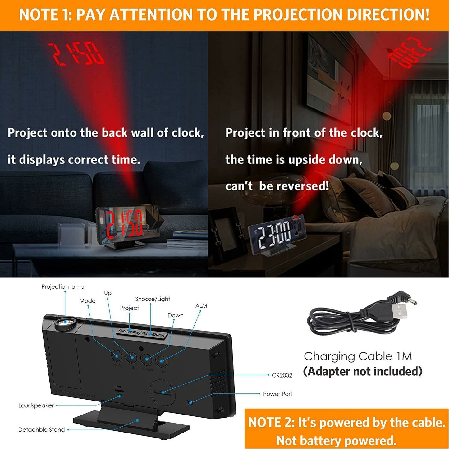 LED Projection Clock with Alarm & Temperature