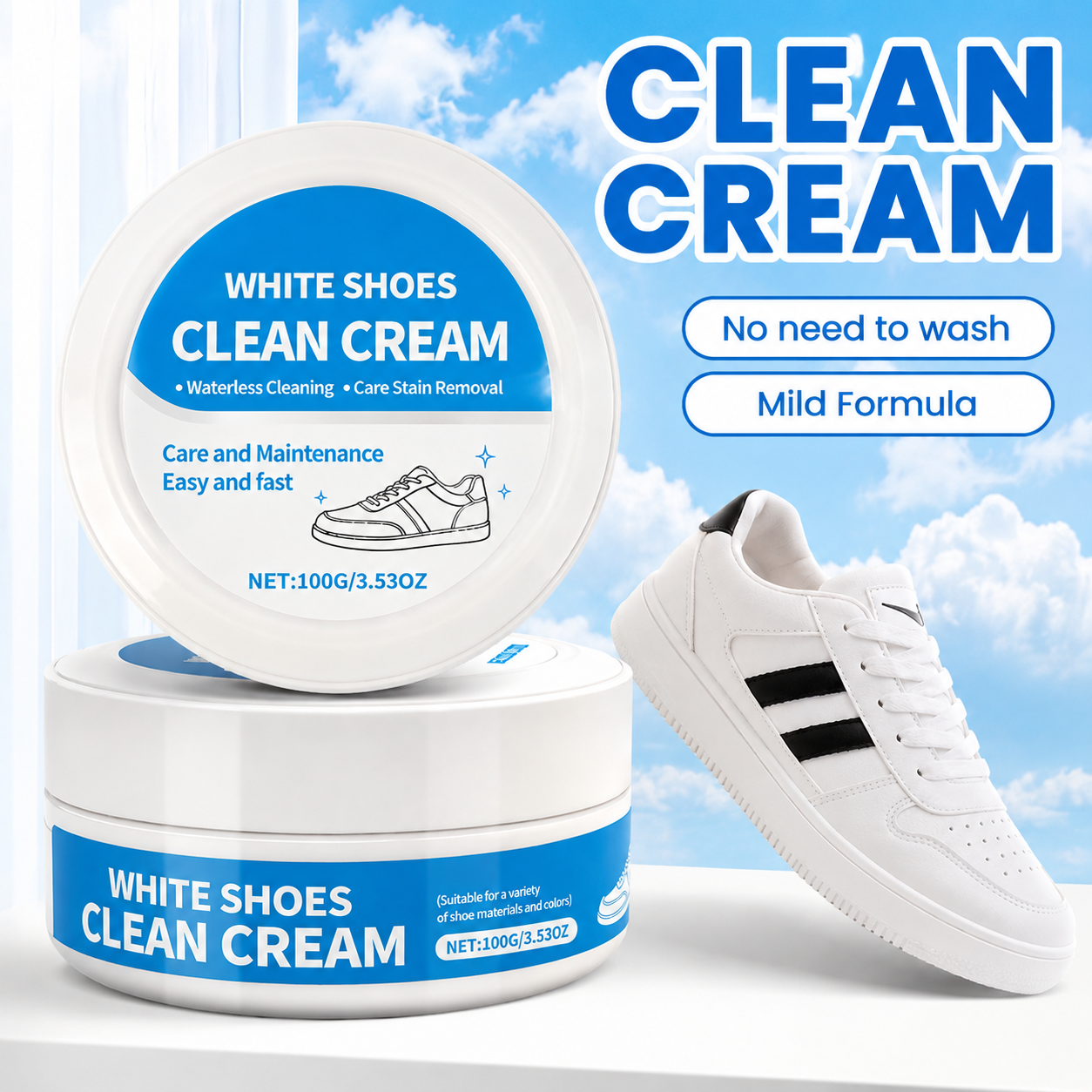White Shoe Cleaner Cream Multipurpose No-Wash Solid Cleaner with Sponge