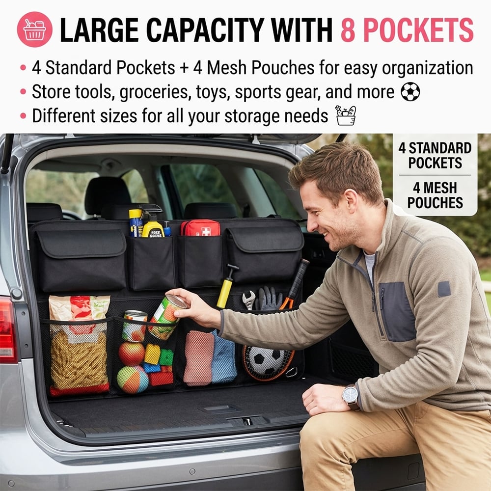 Car Trunk Organizer – Hanging Storage with 8 Pockets for SUVs & Trucks