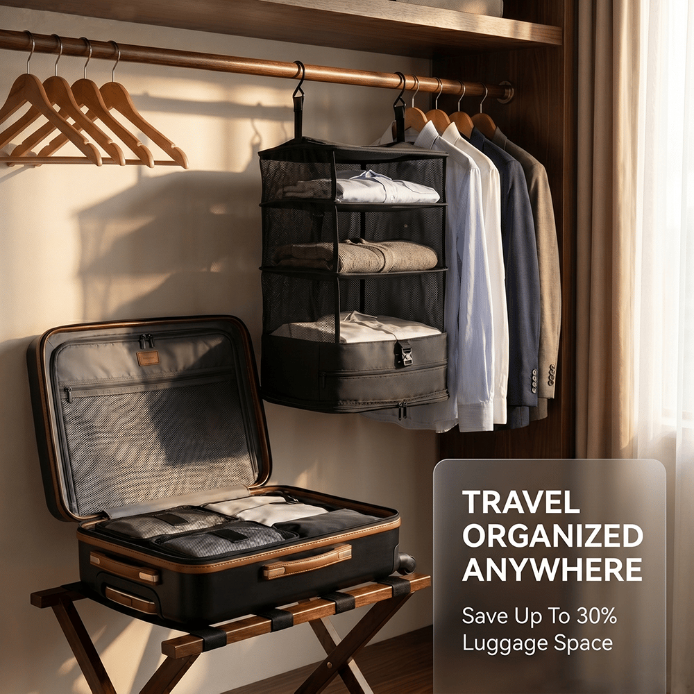 Travel Hanging Closet Organizer Bag with Hooks & Compression Straps