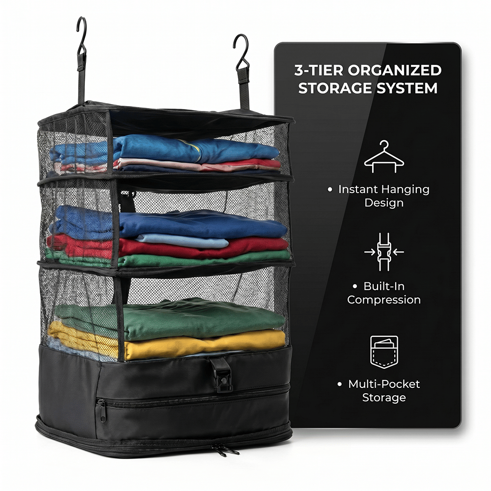 Travel Hanging Closet Organizer Bag with Hooks & Compression Straps
