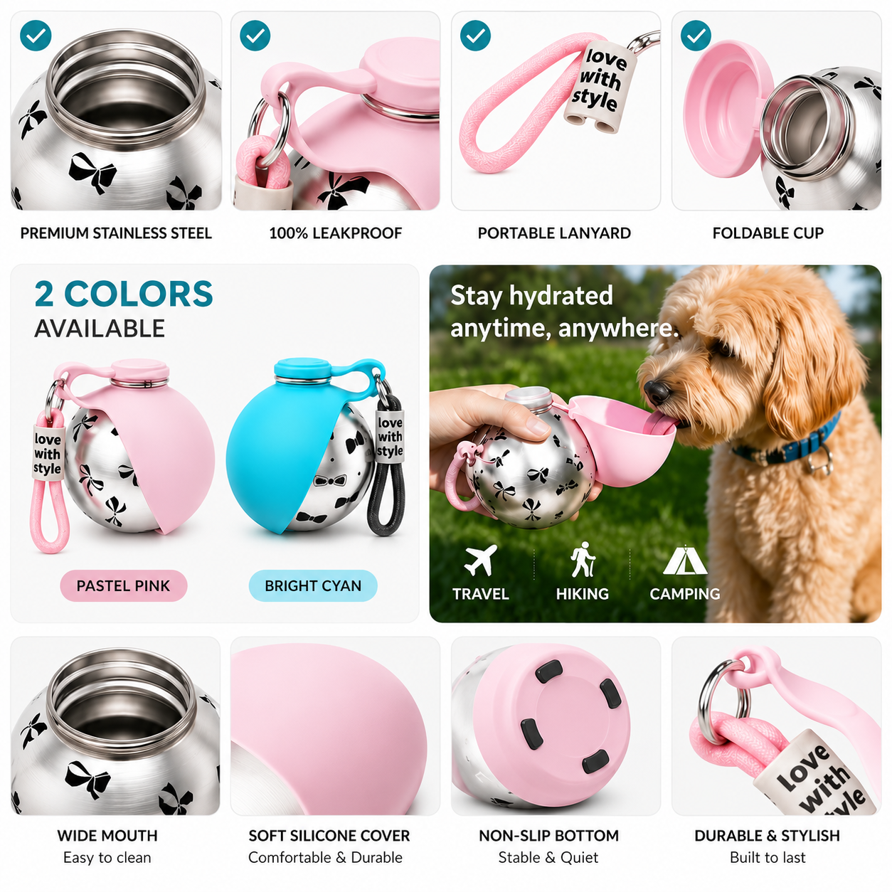 Foldable 304 Stainless Steel Dog Water Bottle Portable Pet Travel Drinking Cup