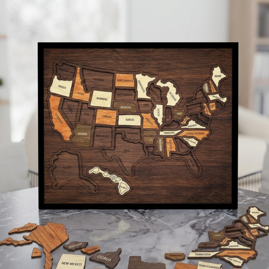 🇺🇸 Wooden USA Travel Map Puzzle🧩A Stylish Way to Track Your Journey