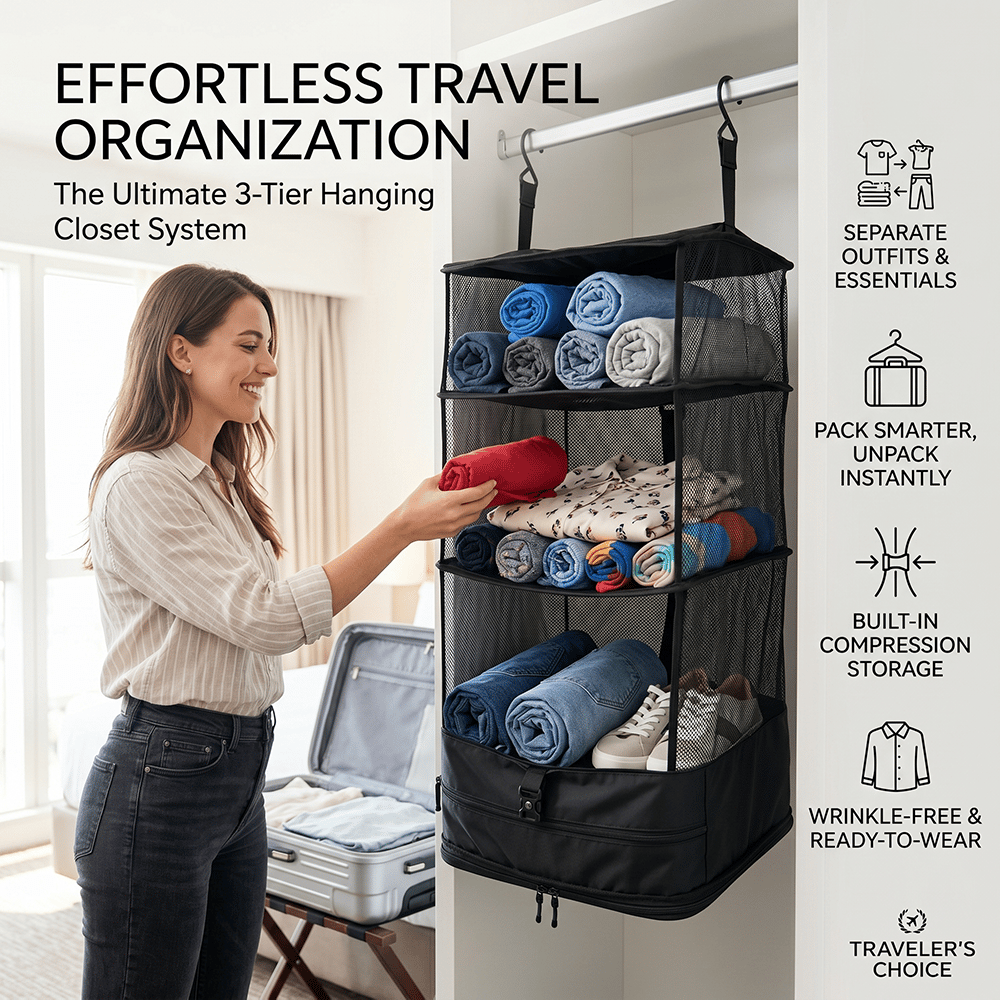 Travel Hanging Closet Organizer Bag with Hooks & Compression Straps