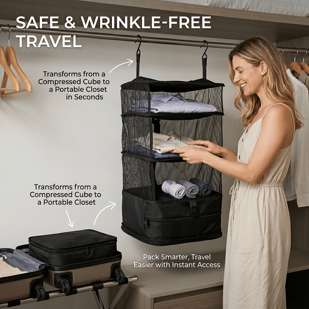 Travel Hanging Closet Organizer Bag with Hooks & Compression Straps