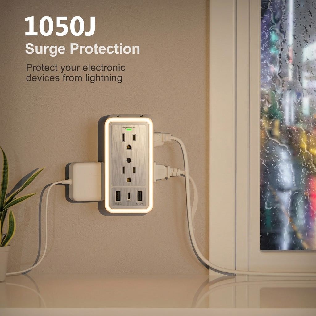 6-Outlet Extender with USB-C, Surge Protection & Night Light