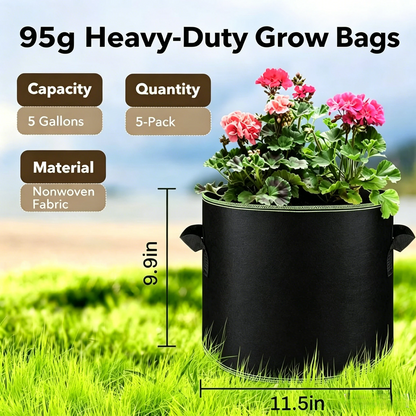 🌱 5-Pack 5 Gallon Grow Bags – Heavy Duty Aeration Fabric Pots with Handles for Vegetables, Flowers & Fruits